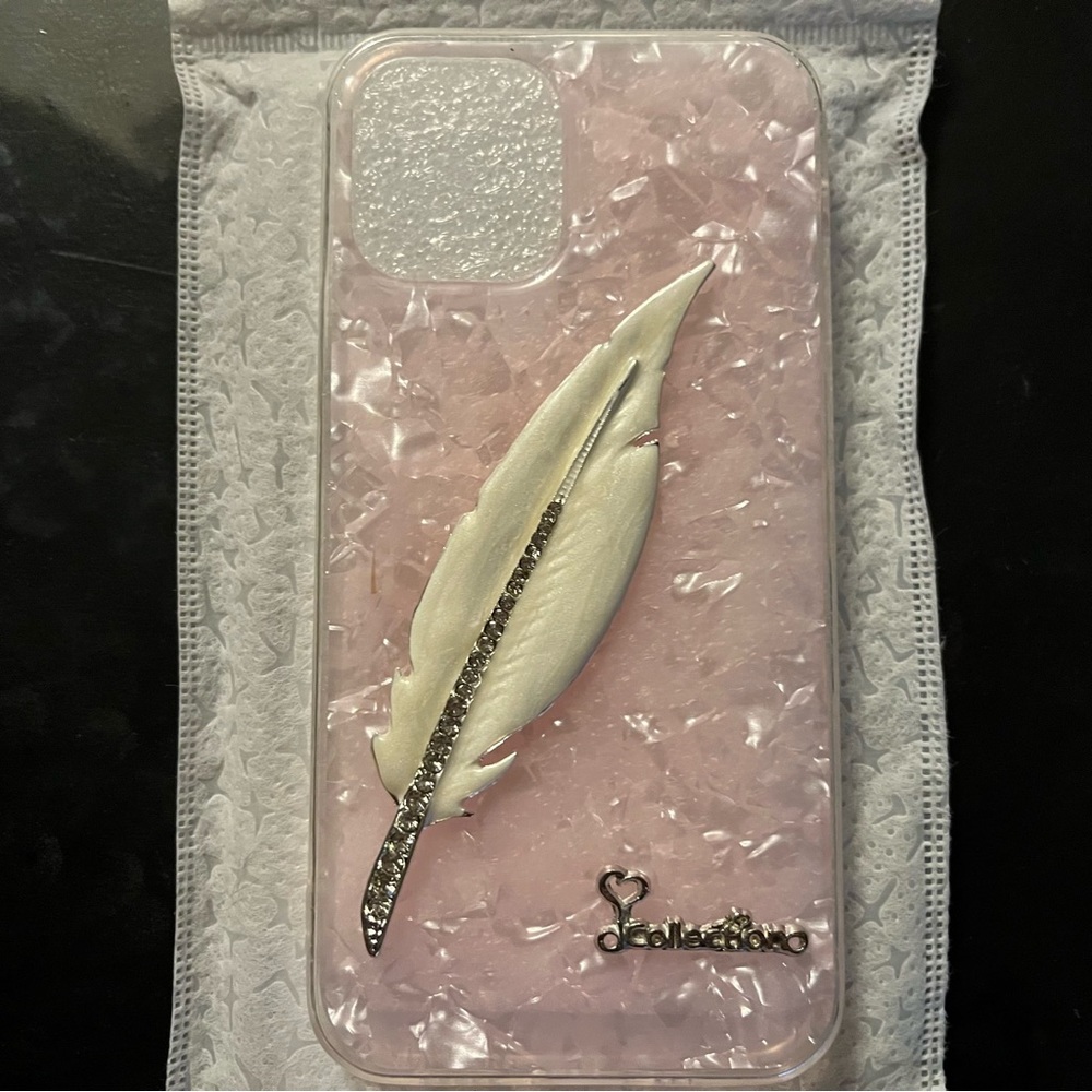 rhinestone feather pink shell pattern case iPhone 12 Pro Max